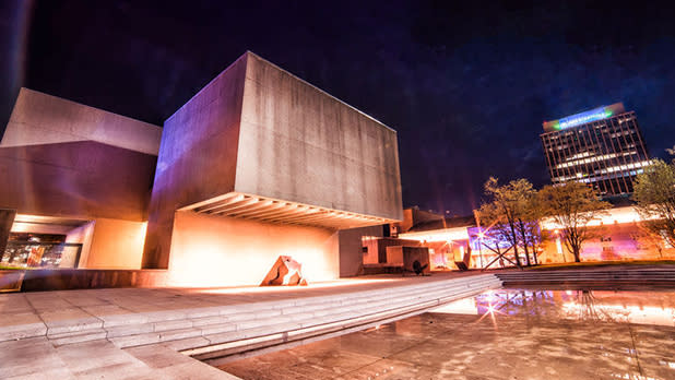 Exterior evening view of the Everson Museum of Art