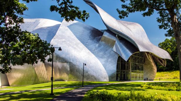 Exterior of the Frank Gehry-designed Fisher Center for the Performing Arts at Bard College