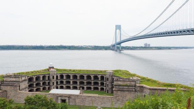 Aerial view of Fort Wadsworth with the Verazzono-Narrows Bridge in the background