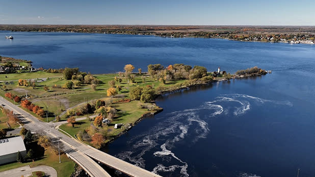 Aerial view of Fort de la Presentation on a sunny summer day overlooking the St. Lawrence River in Ogdensburg