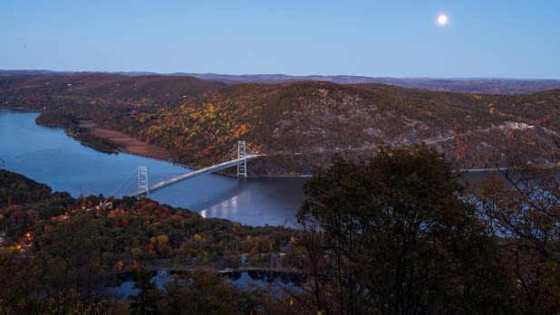 Aerial view of bridge and mountains at Bear Mountain State Park