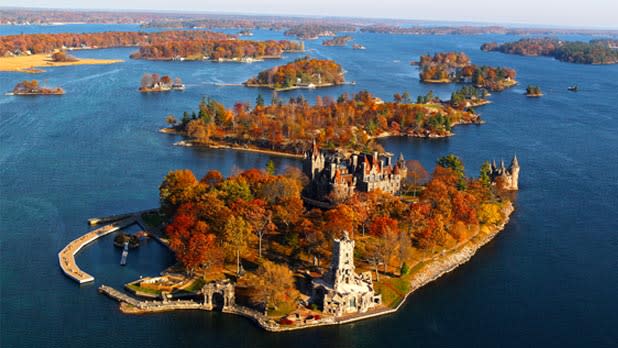 The illustrious Boldt Castle stands atop Heart Island surrounded by beautiful fall foliage