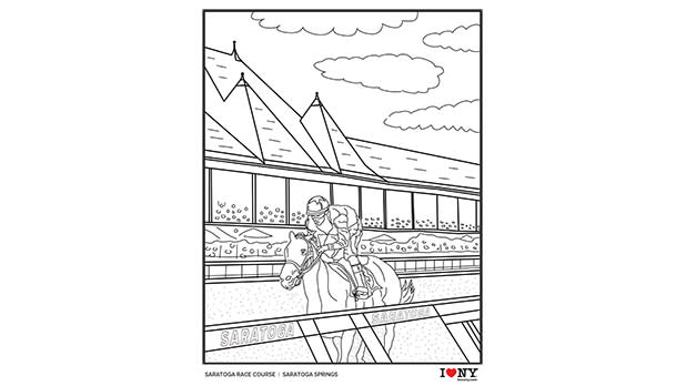 A jockey riding a horse on a coloring page of Saratoga Race Track