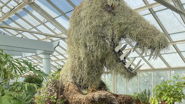 A massive moss-made dinosaur in the greenhouse of the Buffalo and Erie County Botanical Gardens