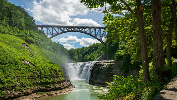 A waterfall under a bridge at Letchworth State Park in New York State.
