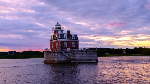 The Hudson-Athens Lighthouse stands in the middle of the Hudson River