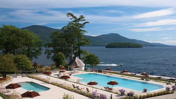 View overlooking the pool at the Sagamore Resort with Lake George and the Adirondack Mountains as the backdrop