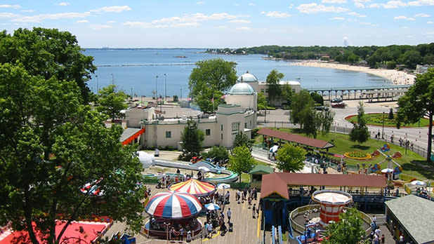 Aerial view of an amusement park and beach