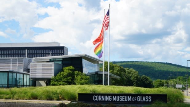 Pride Flag Flying over The Corning Museum of Glass in Corning, NY.
