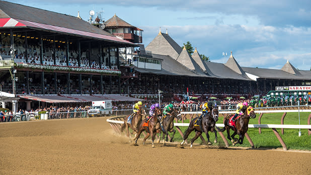A horse race in action at Saratoga Race Course