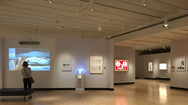 A woman looks at artwork displayed throughout the interior of the Memorial Art Gallery