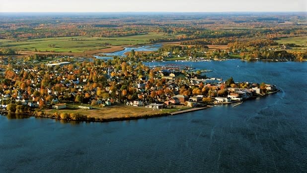 Aerial view of the quaint riverside town of Clayton in the Thousand Islands