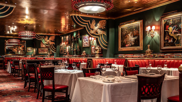 The iconic red and green elegant interior of the Russian Tea Room in New York City