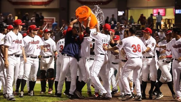 A picture of the Tri-City Valley Cats on the field pouring a cooler of water on their coach