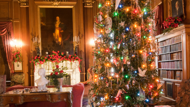 Christmas tree inside room at Staatsburgh State Historical Site