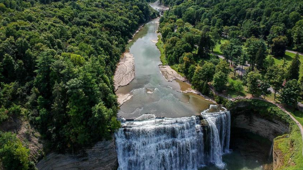 An aerial view of Letchworth State Park waterfall
