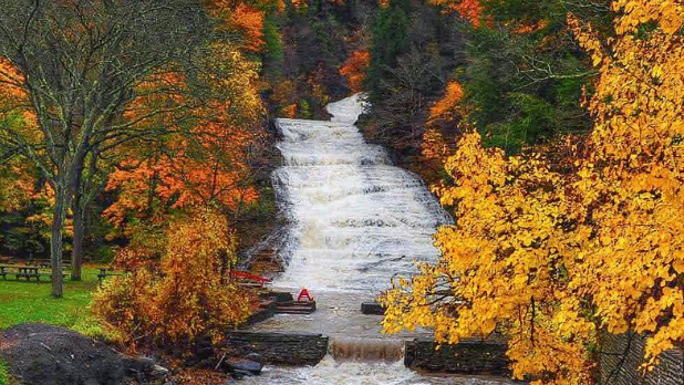 Trees donning their beautiful fall colors border the cascading Buttermilk Falls