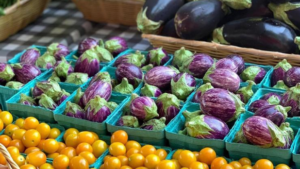 Yellow tomatoes and eggplants in small baskets at Rhinebeck Farmer's Market