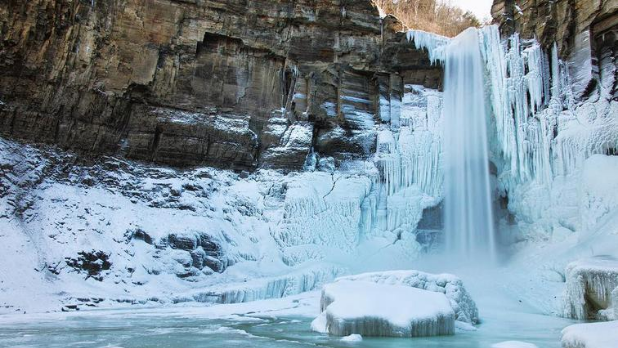 Water flowing down Taughannock Falls on a winter day