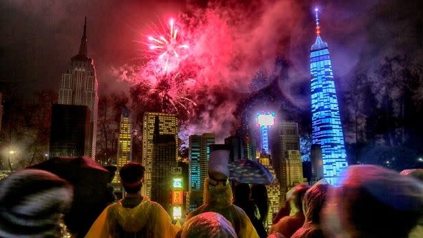 Fireworks in front of LEGOLAND NYC themed land at LEGOLAND