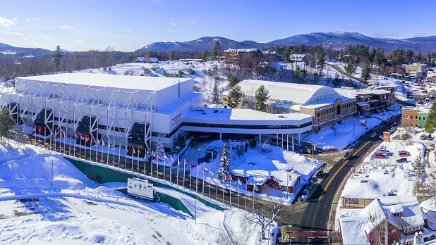 A photo of the exterior of the Lake Placid Olympic Center during the winter