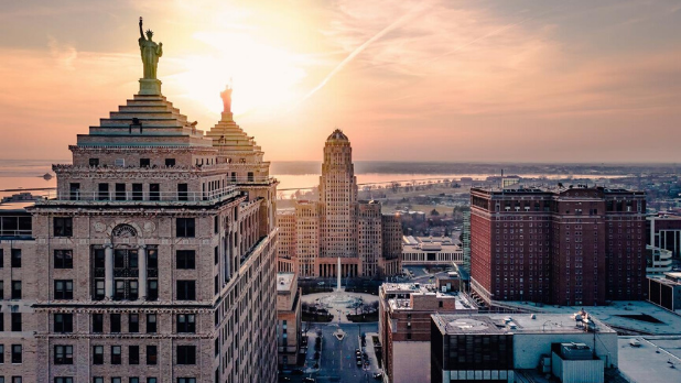 Aerial view of Downtown Buffalo on a weekend getaway to New York State's Greater Niagara region