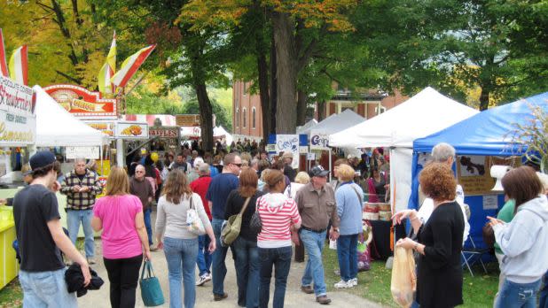 people walking alongside festival vendors