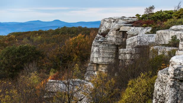 Fall colors on trees against towering cliffs and mountains in the background