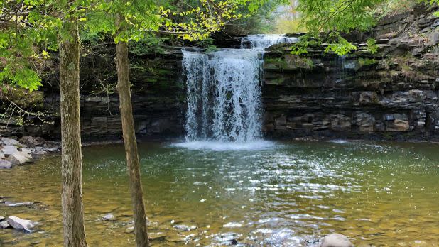 A tranquil waterfall cascades over layered rocks into a clear, reflective pool, surrounded by lush green trees, conveying a serene, peaceful atmosphere.