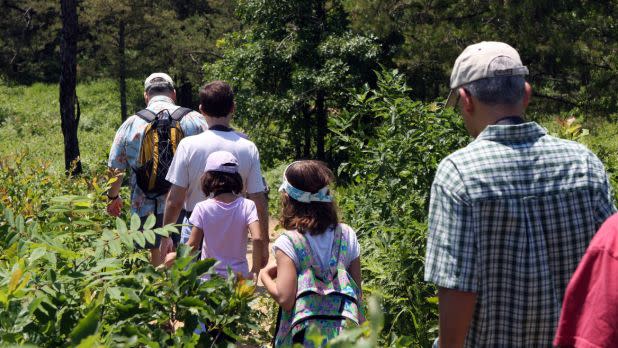A group of adults and children walk along a narrow nature trail surrounded by tall grasses and trees.