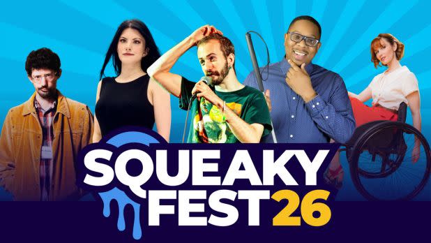 Promotional graphic for "Squeaky Fest 26" featuring five diverse performers arranged against a bright blue sunburst background.