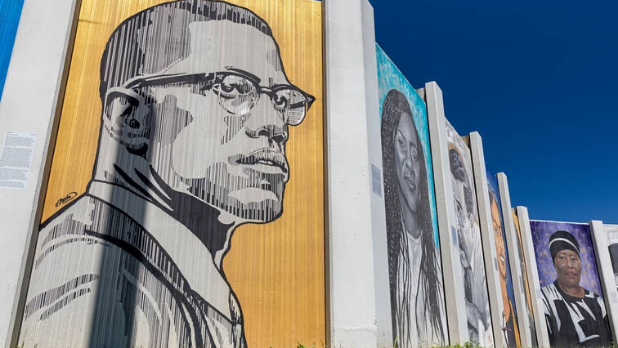 Malcolm X painted on a mural panel for the Freedom Wall in Buffalo