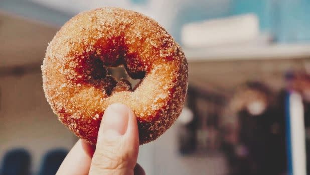 A person's hand holds an apple cider donut