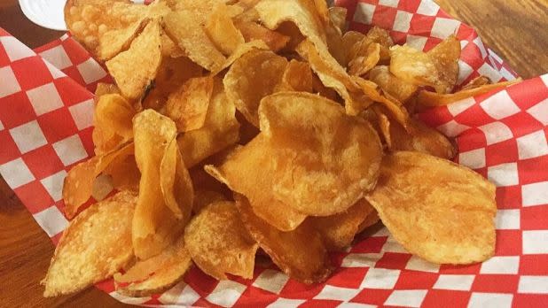 potato chips on red and white checked paper
