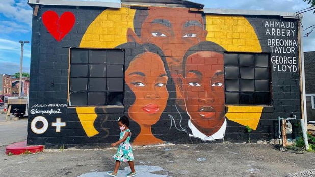 A Black Lives Matter mural showing George Floyd, Ahmaud Arbery and Breonna Taylor in Kingston, NY