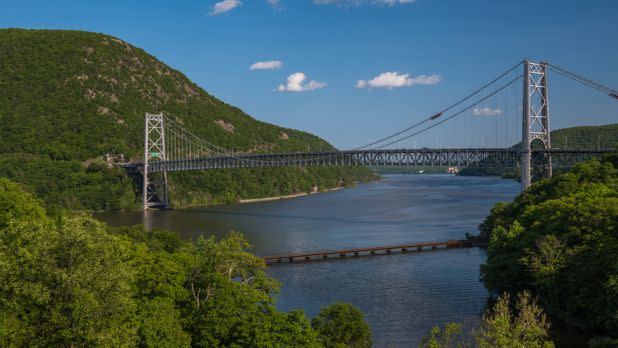 Scenic view of Bear Mountain State Park with bridge and mountains and river