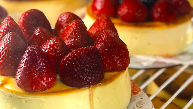 Creme brulee topped with strawberries from Venieros