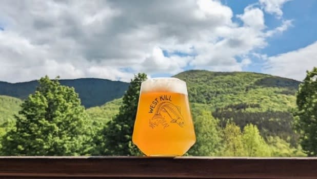 A glass of West Kill Brewing beer with a view of the mountains in the Catskills