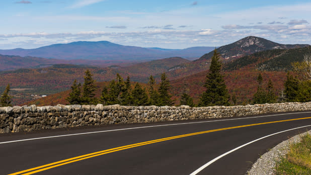 A view of the roadway and Adirondacks Mountains from Whiteface Veterans Memorial Highway