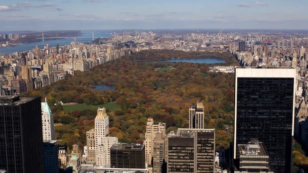 Birds-eye-view of Central Park and city skyline from Top of the Rock Observation Deck