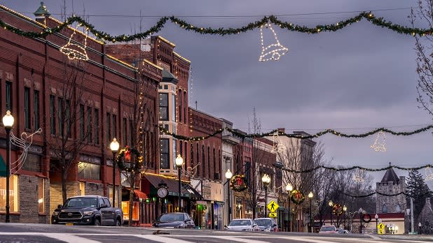 Lights and garland are strung across downtown Seneca Falls at the holidays