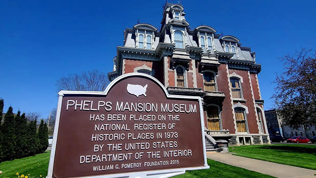 Phelps Mansion historical marker and mansion in Binghamton, NY.