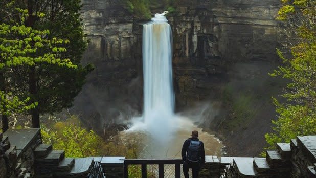 A man looks out at Taughannock Falls from the upper overlook