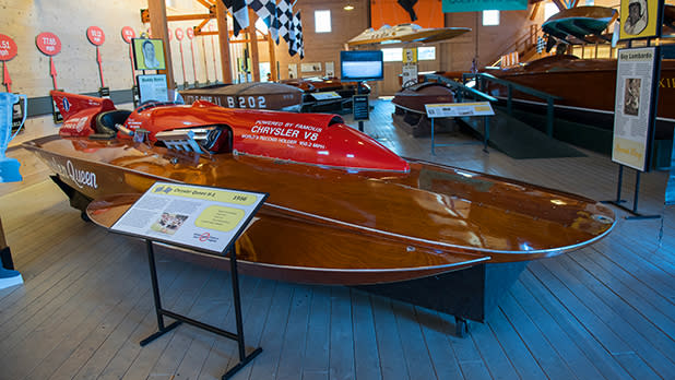 an antique boat on display at the Antique Boat Museum