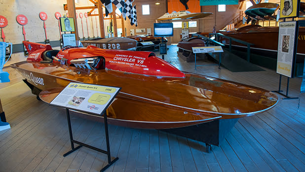 Antique racing boat named the Chrysler Queen at the Antique Boat Museum in Clayton.