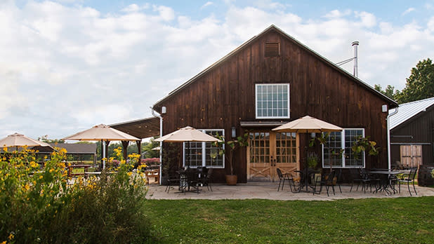 The patio outside Arrowood Farms Brewery lined with tables and umbrellas