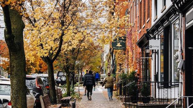 Street view of trees with yellow leaves draping over a street filled with local storefronts in Cold Spring