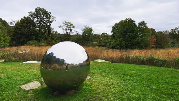 A mirrored sphere statue stands amid the grassy landscape at Avalon Nature Park