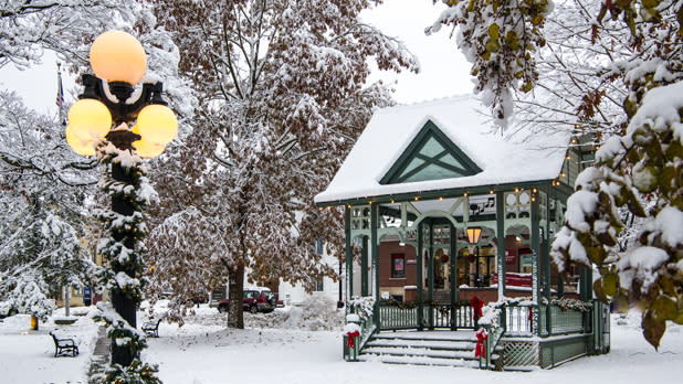 Snow covered town square of hammondsport