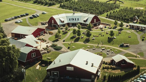 Aerial view of four farm buildings on acres of bright green farmland